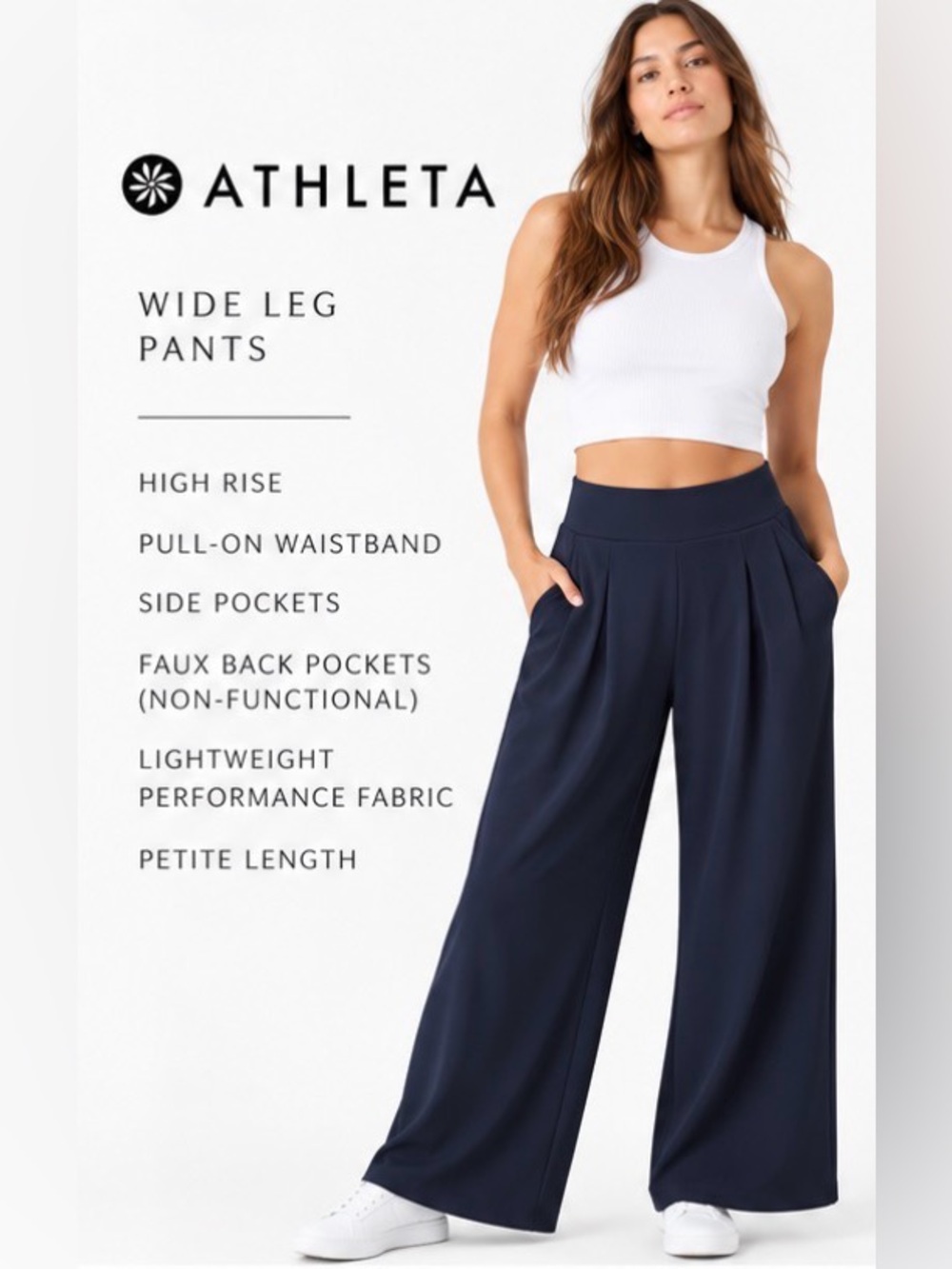 Athleta Brooklyn Heights High Rise Pleated Wide Leg Pants Navy Size 8 Petite